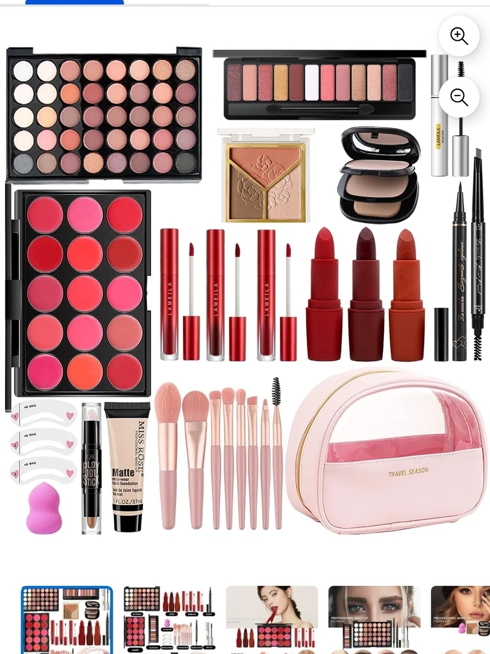 Travel Pink Lipstick and Makeup Set with Brushes & Lip Palette - Women Makeup
